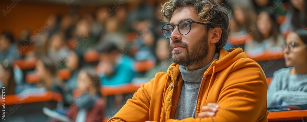 Focused student in lecture hall Focused student in lecture hall