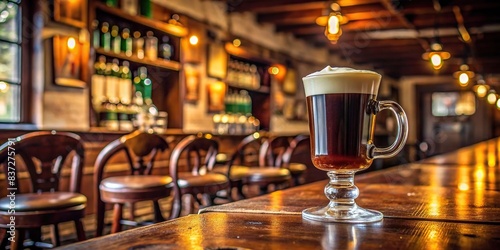 Irish coffee on wooden table in a lonely pub   solitude  beverage  drink  pub  alcohol  caffeine  warmth  comfort  wooden  cozy  relaxing  hot drink  glass  rustic  traditional  Irish