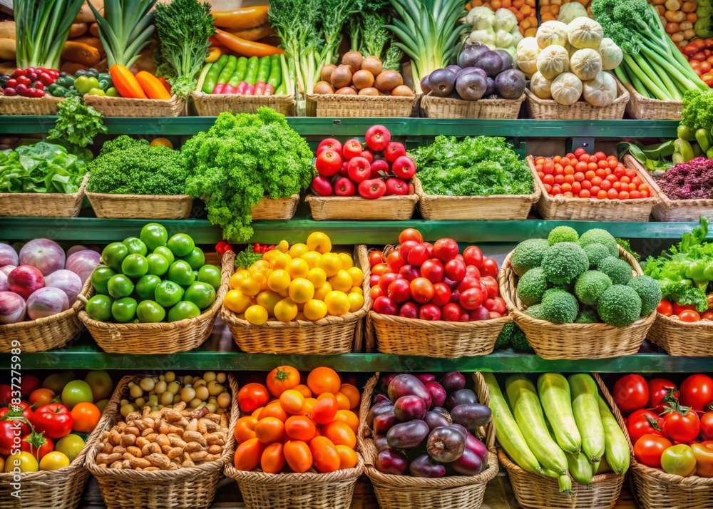Organic fruits and vegetables neatly displayed in the fresh produce section , Fresh, produce, grocery store, organic, fruits, vegetables, healthy, eating, farm-fresh, offerings, display