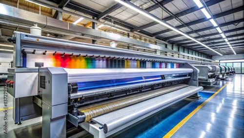 Large digital inkjet printer in action during production, printing, technology, machine, industrial, equipment, digital, inkjet, large, wide format, manufacturing, production photo