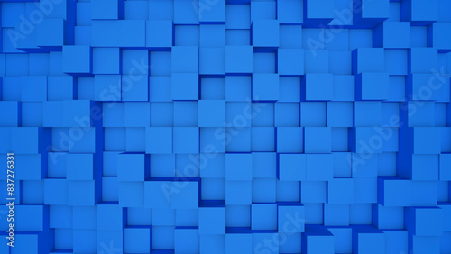 Abstract blue modern architecture 3D background with blue cubes on the wall.