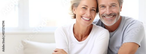 A smiling couple shows off their beautiful white teeth. The advertising concept of cosmetic dentistry.