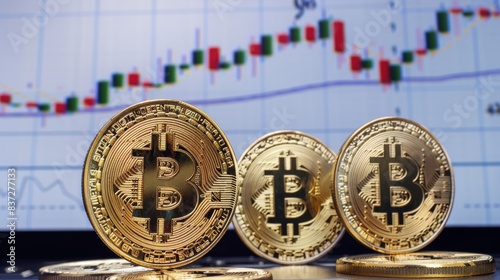 The image shows three golden Bitcoin crypto currency coins in front of a computer screen with a graph of Bitcoin prices.