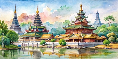 Watercolor and line drawing of temples and pagodas along the river photo