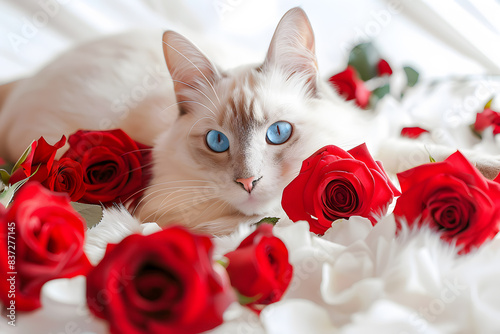 Beautiful White Cat with Mesmerizing Blue Eyes Surrounded by Vivid Red Roses on a Fluffy White Blanket © Moon