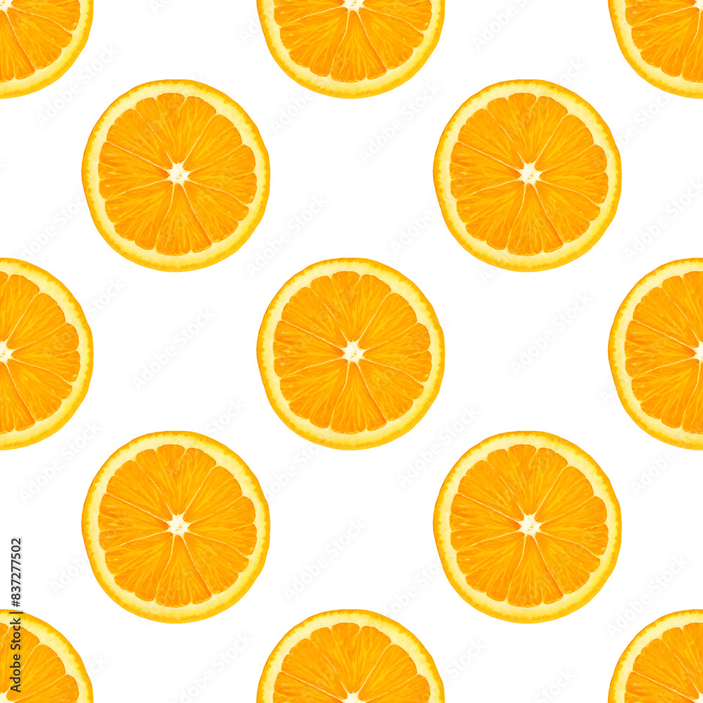 Bright orange slices form a simple seamless pattern on a white background, creating a vibrant citrus harmon Bright orange slices form a simple seamless pattern on a white background, creating a vibrant citrus harmon