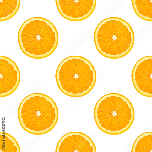 Bright orange slices form a simple seamless pattern on a white background, creating a vibrant citrus harmon