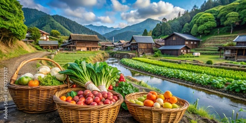 Rustic Japanese countryside with bountiful vegetable harvest, agriculture, farm, rural, landscape, fresh, organic, harvest, vegetables, growth, nature, field, greenery, countryside photo
