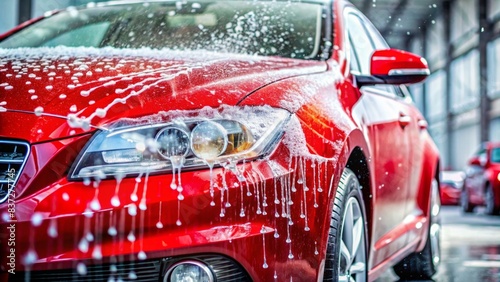 Close-up shot of a professional red car being washed with shampoo foam and water splashes, showcasing auto detailing service , car wash, shampoo foam, water splashes, auto detailing © artsakon