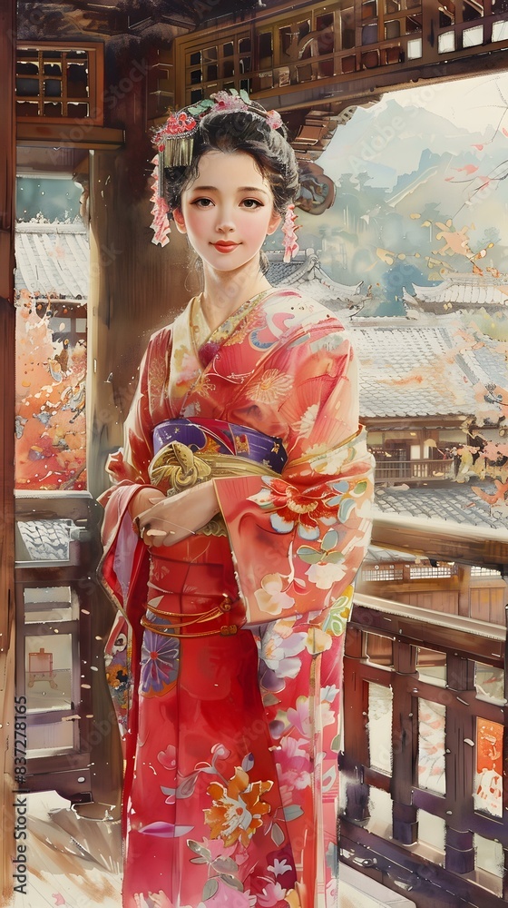 A beautiful Japanese woman wearing a kimono is standing on a balcony. A beautiful Japanese woman wearing a kimono is standing on a balcony.