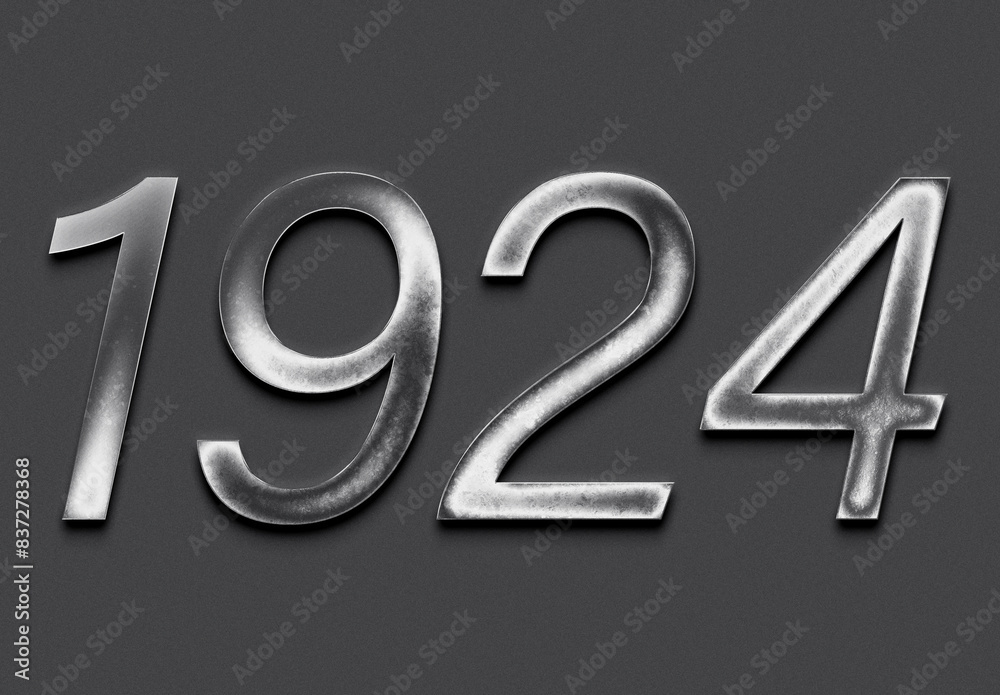 Chrome metal 3D number design of 1924 on grey background.