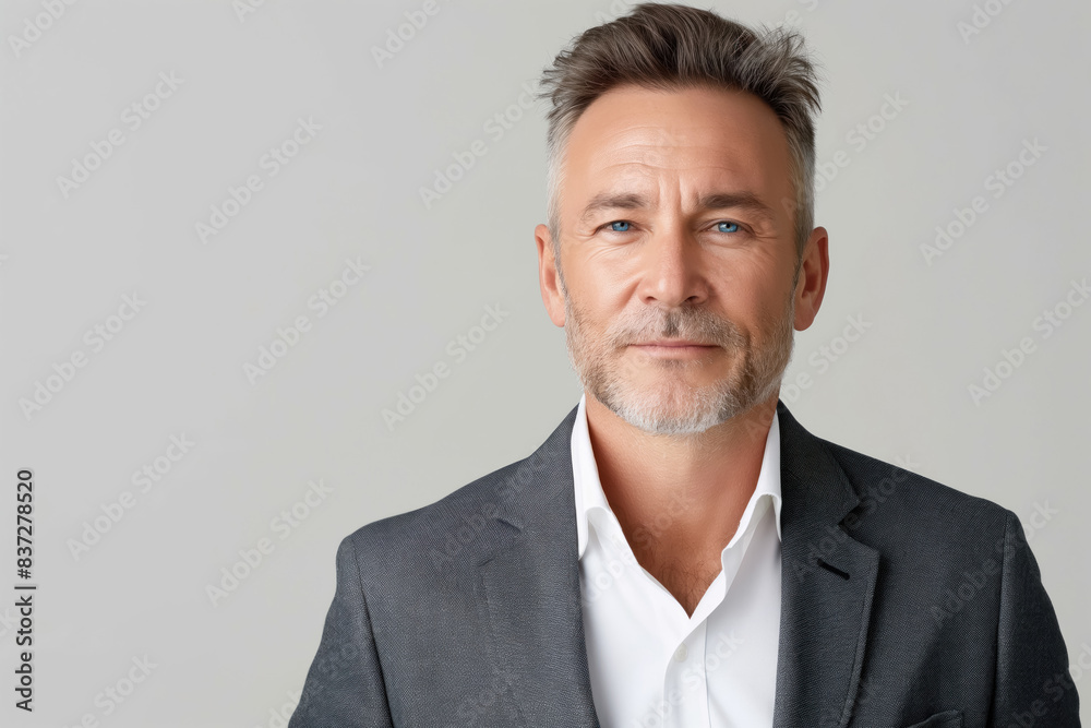 confident middle aged caucasian man with stylish beard in formal suit against a light gray background confident middle aged caucasian man with stylish beard in formal suit against a light gray background