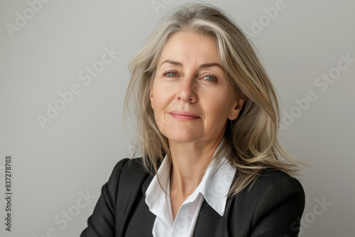 middle aged caucasian woman with a thoughtful expression and professional attire against a neutral background