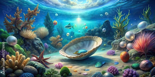Underwater scene showcasing ocean floor fauna, including a pearl in an oyster shell, with space and marine life photo