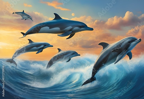 dolphins are leaping out of the ocean on a wave in the distance