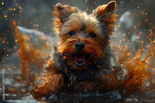 A Yorkshire Terrier in full roar, charging forward with a fierce expression. The image is captured in a dynamic colours. Splashes and splatters around the Yorkshire Terrier