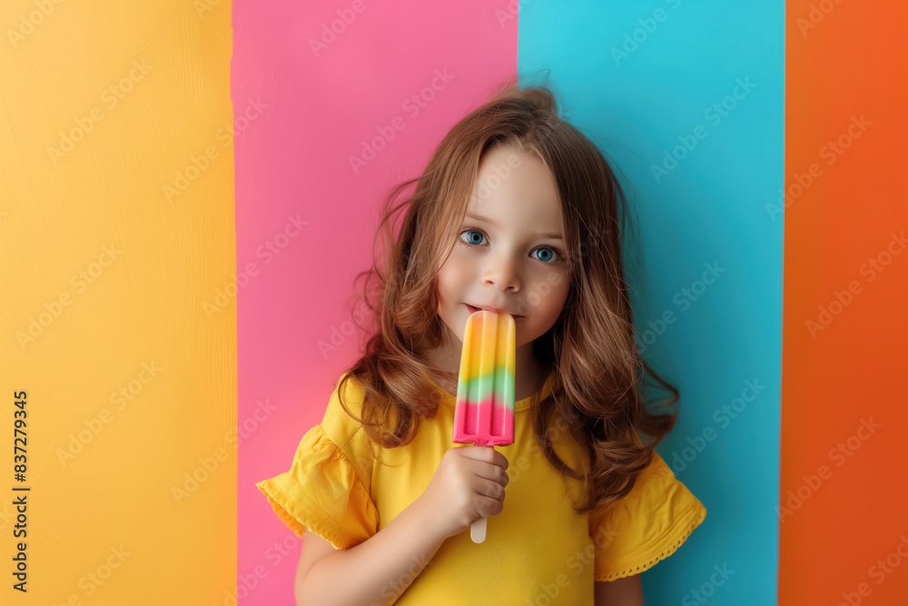 young girl in yellow dress tasting a colorful rainbow popsicle against a bright multicolored background young girl in yellow dress tasting a colorful rainbow popsicle against a bright multicolored background