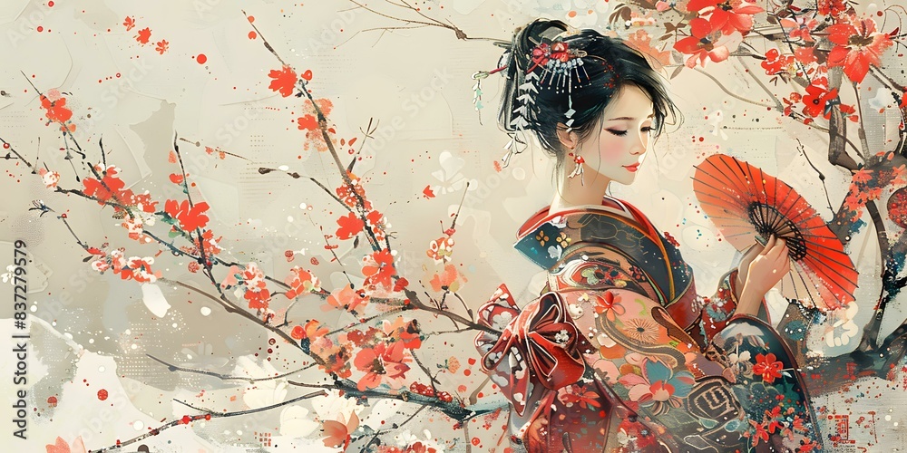 Fototapeta premium A Japanese woman wearing a kimono stands under a cherry blossom tree.