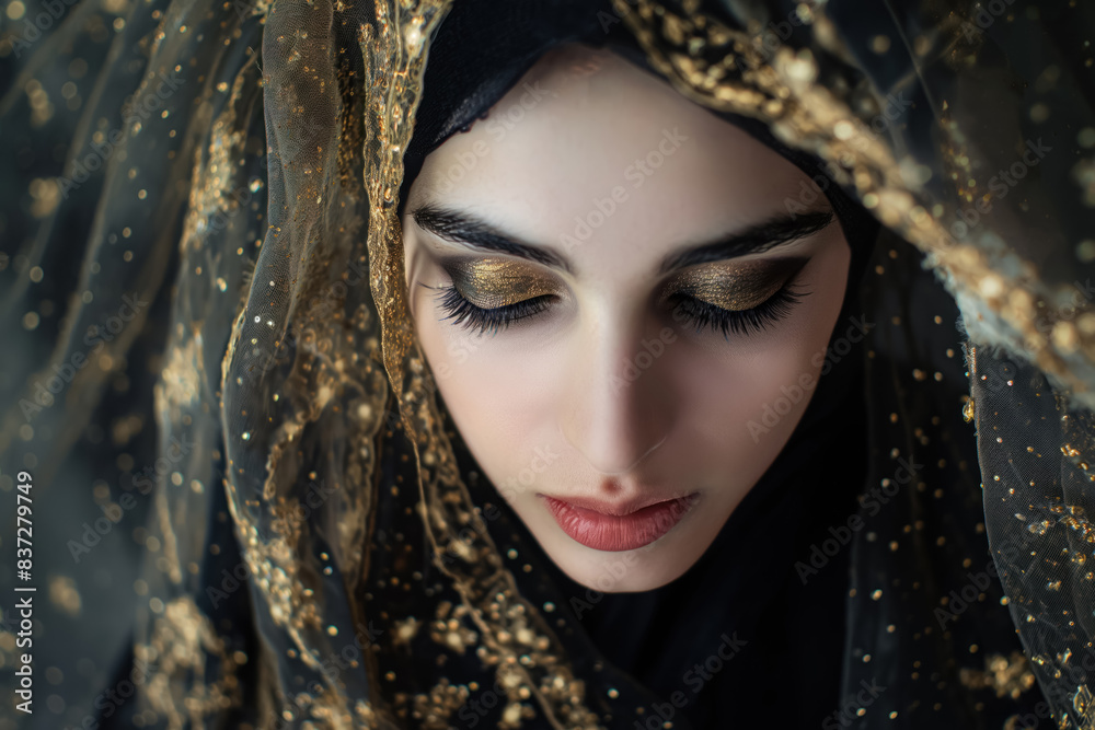 arabian beauty in traditional attire with intricate gold embroidery and dramatic makeup with kohl lined eyes arabian beauty in traditional attire with intricate gold embroidery and dramatic makeup with kohl lined eyes