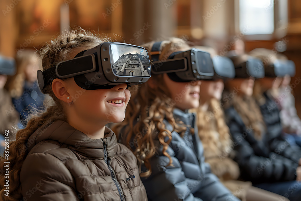 Children wearing VR headsets experiencing a virtual tour, perfect for content related to technology in education, virtual reality, and immersive learning Children wearing VR headsets experiencing a virtual tour, perfect for content related to technology in education, virtual reality, and immersive learning