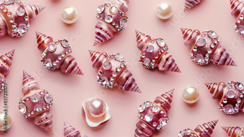 collection of spiral shells bedazzled with jewels and pearls on a pink background photo