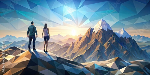 Abstract polygonal mountain landscape with a man and woman at the summit © sompong