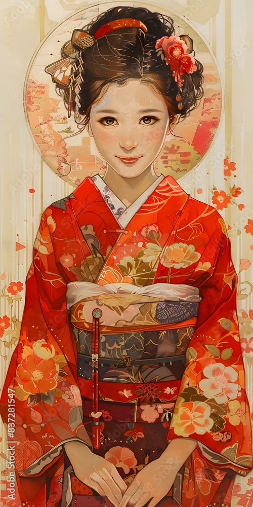 Fototapeta premium A beautiful Japanese woman in a red kimono with floral patterns