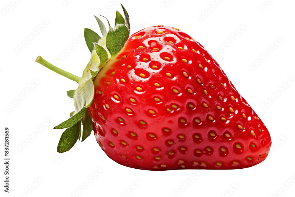 A single, ripe strawberry with green leaves isolated on a black background. The strawberry is in focus and the background is blurred. A single, ripe strawberry with green leaves isolated on a black background. The strawberry is in focus and the background is blurred.