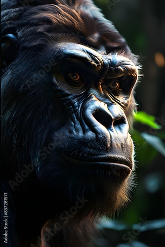 beautiful portrait of a gorilla male gorilla on black background