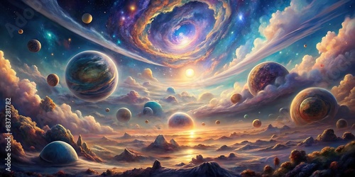 An enchanting landscape featuring swirling galaxies, mystical planets, and ethereal clouds in a surreal cosmic dream photo
