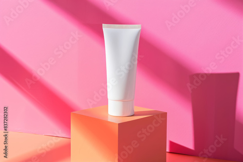 Wallpaper Mural minimalist beauty cream tube on vibrant pink and orange geometric shapes, perfect for product presentation Torontodigital.ca