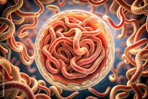 Roundworm parasites in the human intestine. Ascariasis. Diseases of the human digestive system. rendering, Roundworm, parasites, human intestine, Ascariasis, diseases