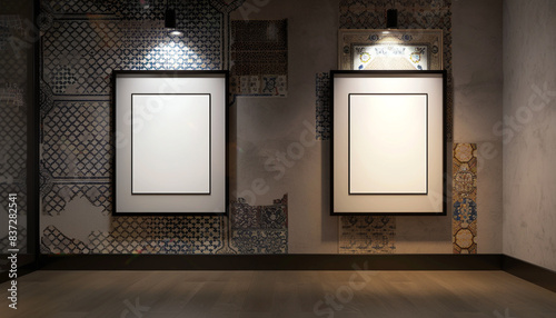 Inside a minimalist architectural office, two empty white frames with dark borders, each spotlighted centrally against a wall adorned  photo
