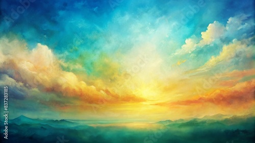 Abstract sunset sky watercolor background with paint blotches in blue green yellow beige and orange gradient colors, sunset, sky, watercolor, abstract, paint blotches, blue, green, yellow photo