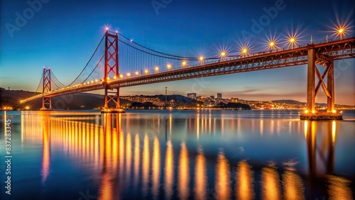 Night view of the 25 de abril bridge with illuminated lights reflecting in the water , Lisbon, Portugal, landmark, architecture, suspension bridge, evening, cityscape, reflection, river