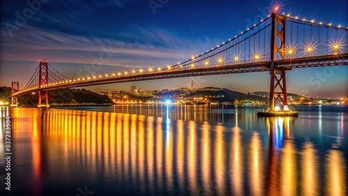 Night view of the 25 de abril bridge with illuminated lights reflecting in the water   Lisbon  Portugal  landmark  architecture  suspension bridge  evening  cityscape  reflection  river