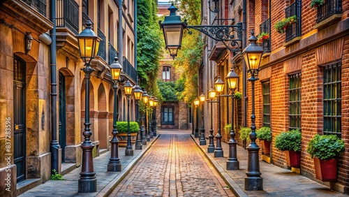 Empty urban alley with charming architecture and vintage lamp posts  ideal for cityscape or travel concept