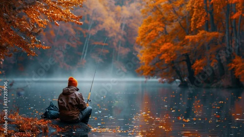 Male angler fishing in a serene river surrounded by autumn foliage, enjoying a peaceful afternoon outdoors in nature.