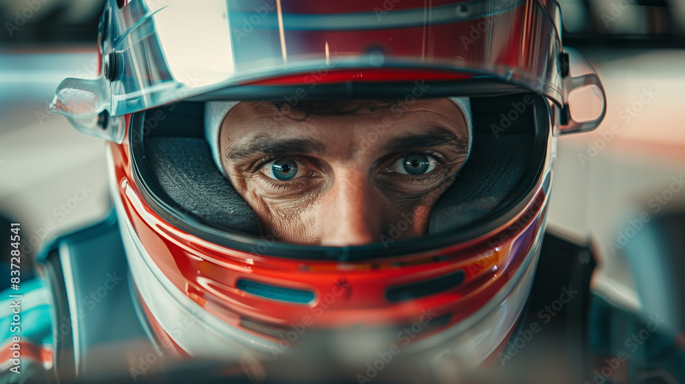 A driver whose gaze is focused on the track, visible through the steering wheel of a racing car. A driver whose gaze is focused on the track, visible through the steering wheel of a racing car.