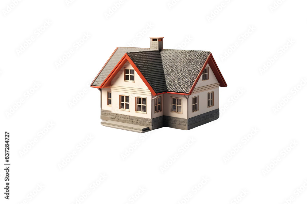 A small, white house with red trim and a gray roof. The house is isolated on a black background. A small, white house with red trim and a gray roof. The house is isolated on a black background.