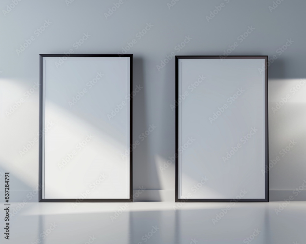 Two empty white frames with dark borders in a sleek, modern architectural design studio, each spotlighted 