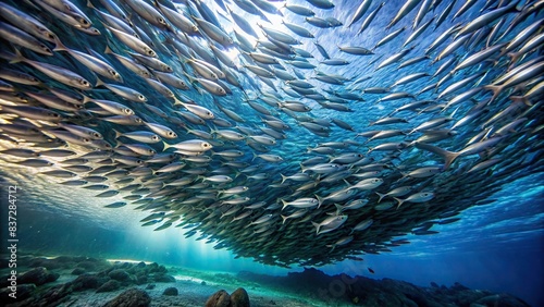 Wide view of the ocean with a school of sardines swimming together