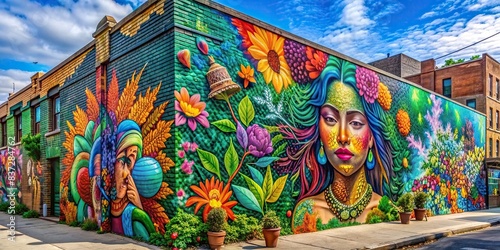 Vibrant mural art adorning the walls of Bushwick Gardens in Brooklyn photo