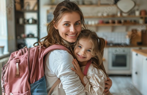 Happy Mother and Daughter Embracing in a Kitchen Before a Busy Day
