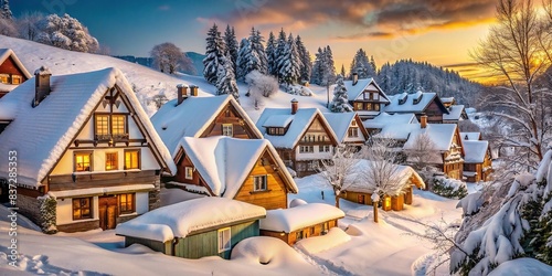 Cozy houses covered in snow in a picturesque village during winter photo