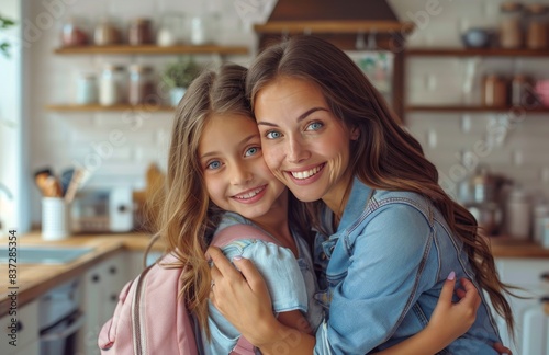 Happy Mother and Daughter Ready for School in a Modern Kitchen