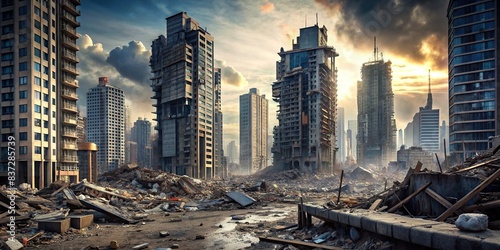 Collapsed cityscape with damaged skyscrapers and debris strewn streets photo