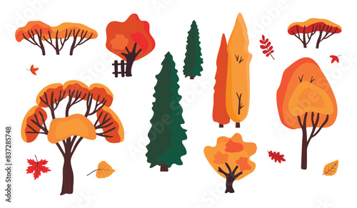 Autumn season collection with trees,foliage and bushes. Various types of deciduous trees and conifers.Yellow,orange and brown colors.Vector botanical design set isolated on white background. © Alla