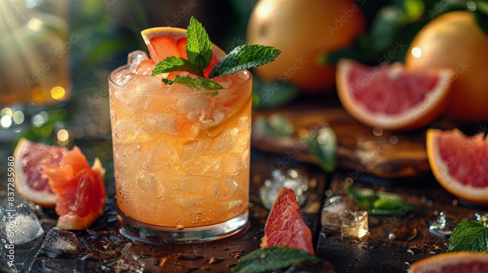 Refreshing Grapefruit Mint Cocktail With Ice on Black Slate Refreshing Grapefruit Mint Cocktail With Ice on Black Slate
