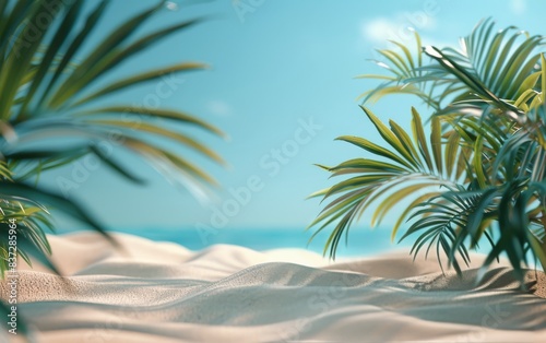 Tropical Palm Tree Leaves and Sand With Blue Background